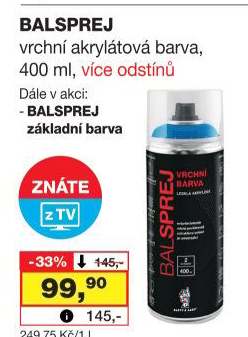 Vrchní akrylová barva ve spreji Balsprej Barvy a laky Hostivař