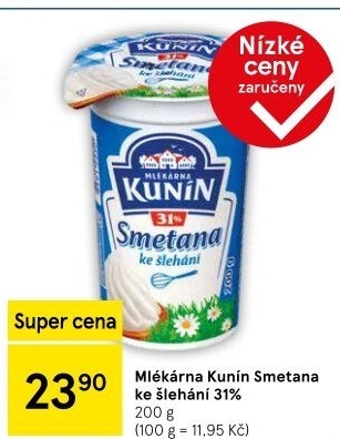 Smetana ke šlehání Mlékárna Kunín 31%