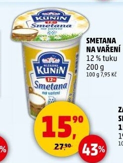 Smetana na vaření Mlékárna Kunín 12%