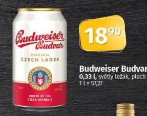 Pivo světlý ležák Original Budweiser Budvar