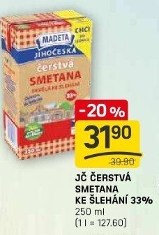 Smetana čerstvá ke šlehání Jihočeská Madeta 33%