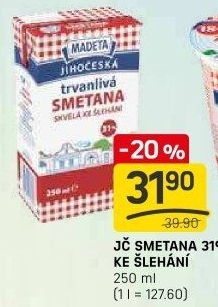Smetana ke šlehání trvanlivá Jihočeská Madeta 31%