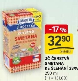 Smetana čerstvá ke šlehání Jihočeská Madeta 33%