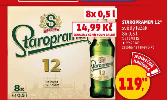 Pivo světlý ležák 12° Staropramen