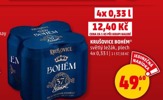 Pivo světlý ležák Bohém Krušovice