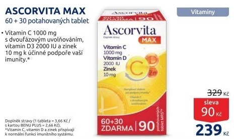 Doplněk stravy Vitamín C + D3 a zinek Ascorvita MAX