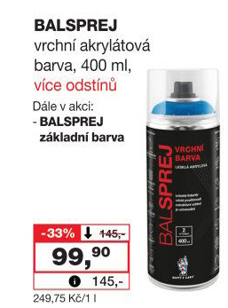 Vrchní akrylová barva ve spreji Balsprej Barvy a laky Hostivař