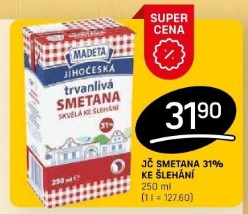 Smetana ke šlehání trvanlivá Jihočeská Madeta 31%