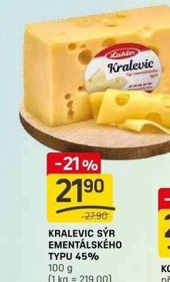 Sýr ementálského typu 45% Kralevic Laktos