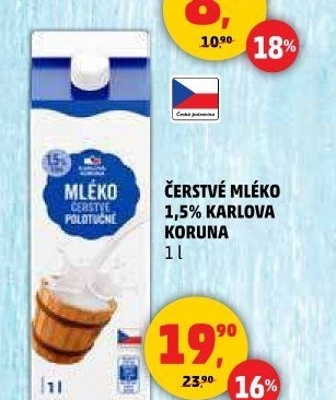 Mléko čerstvé Karlova Koruna - 1,5 polotučné