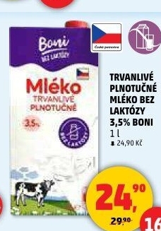 Mléko trvanlivé bez laktózy - 3,5% plnotučné Boni