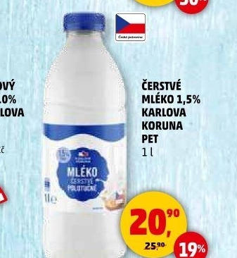 Mléko čerstvé Karlova Koruna - 1,5 polotučné
