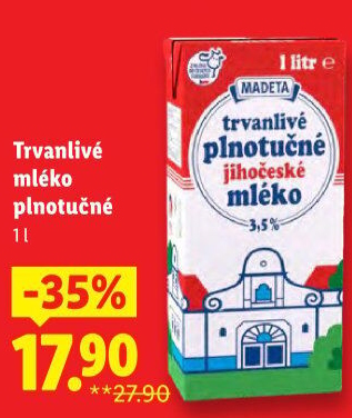 Mléko trvanlivé Jihočeské Madeta - 3,5% plnotučné