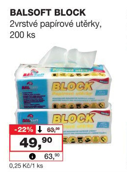 Papírové utěrky block 2vrstvé BALsoft