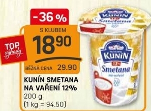 Smetana na vaření Mlékárna Kunín 12%