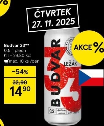 Pivo světlý ležák 33 Budweiser Budvar