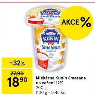 Smetana na vaření Mlékárna Kunín 12%