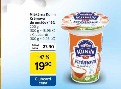 Smetana krémová do omáček Mlékárna Kunín 15%