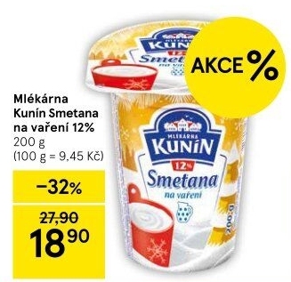 Smetana na vaření Mlékárna Kunín 12%
