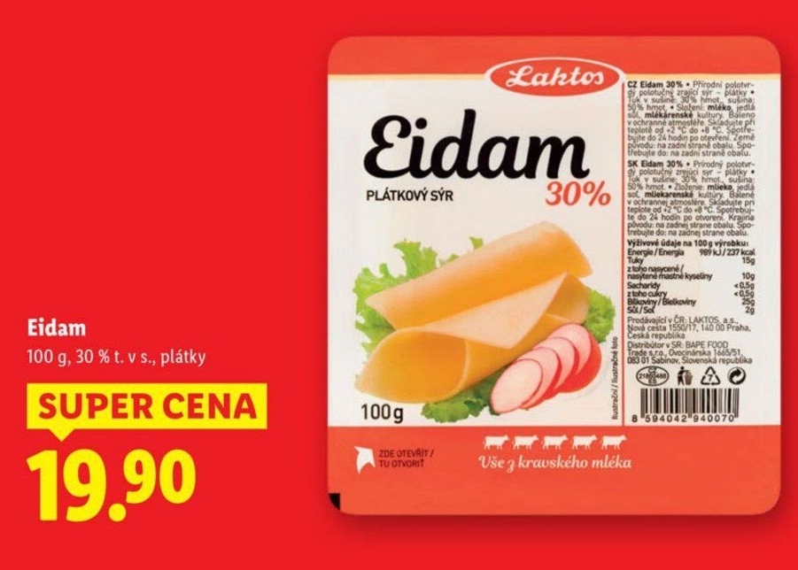 Sýr Eidam 30% Laktos