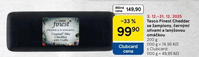 Sýr Cheddar se žampiony, černými olivami a lanýžovou omáčkou Tesco Finest