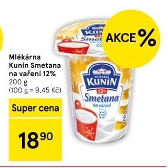 Smetana na vaření Mlékárna Kunín 12%