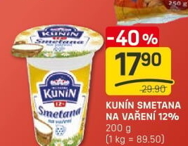 Smetana na vaření Mlékárna Kunín 12%