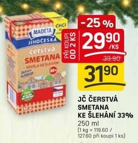 Smetana čerstvá ke šlehání Jihočeská Madeta 33%