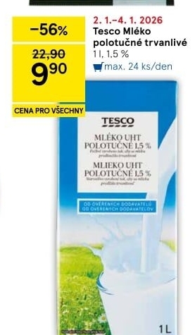 Mléko trvanlivé Tesco - 1,5% polotučné
