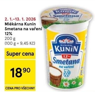 Smetana na vaření Mlékárna Kunín 12%