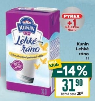 Mléko trvanlivé s nízkým obsahem laktózy Lehké ráno Mlékárna Kunín - 1,5% polotučné