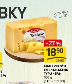 Sýr ementálského typu 45% Kralevic Laktos