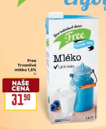Mléko trvanlivé bez laktózy Laktose Free - 1,5% polotučné