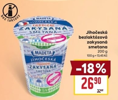 Zakysaná smetana bez laktózy Jihočeská Madeta 15%