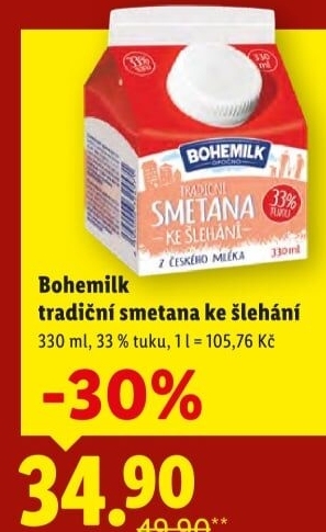 Smetana ke šlehání 33% Bohemilk Opočno