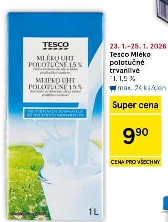 Mléko trvanlivé Tesco - 1,5% polotučné