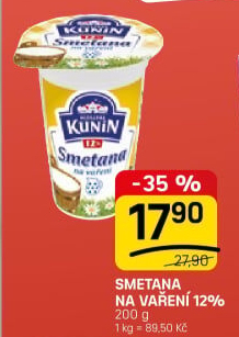 Smetana na vaření Mlékárna Kunín 12%
