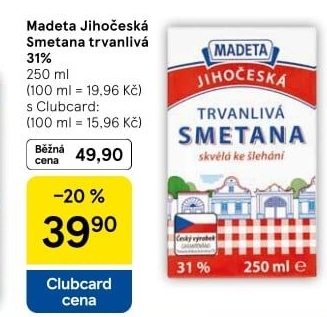 Smetana ke šlehání trvanlivá Jihočeská Madeta 31%