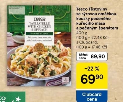 Těstoviny s omáčkou, pečeným kuřecím masem a špenátem Tesco