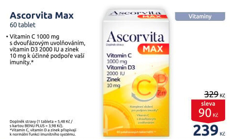 Doplněk stravy Vitamín C + D3 a zinek Ascorvita MAX