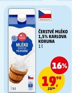 Mléko čerstvé Karlova Koruna - 1,5 polotučné