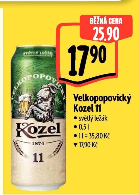 Pivo světlý ležák 11° Medium Velkopopovický Kozel