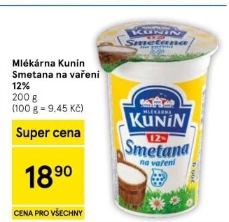 Smetana na vaření Mlékárna Kunín 12%