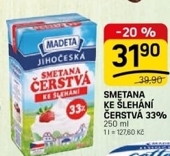 Smetana čerstvá ke šlehání Jihočeská Madeta 33%