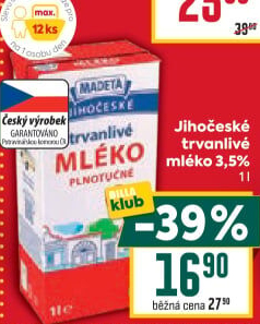 Mléko trvanlivé Jihočeské Madeta - 3,5% plnotučné