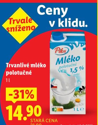Mléko trvanlivé Pilos - 1,5% polotučné