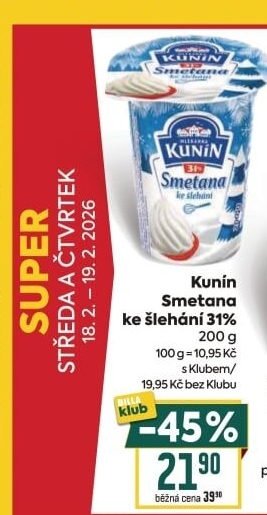 Smetana ke šlehání Mlékárna Kunín 31%