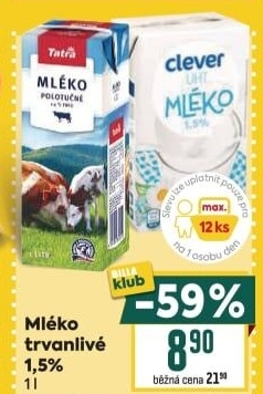 Mléko trvanlivé Tatra - 1,5% polotučné