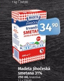 Smetana ke šlehání trvanlivá Jihočeská Madeta 31%