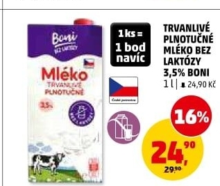 Mléko trvanlivé bez laktózy - 3,5% plnotučné Boni